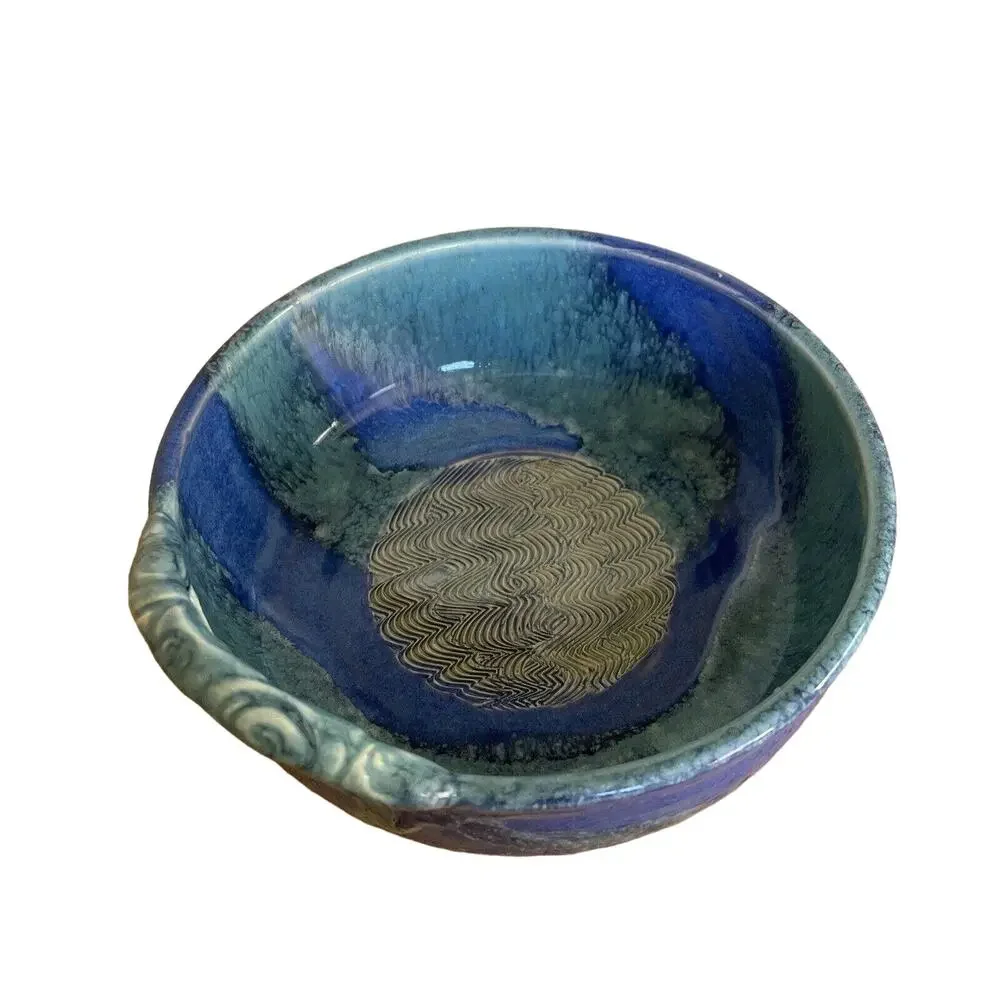 DECORATIVE ARTIST HAND-CRAFTED SIGNED CLAY POTTERY ARTS CRAFT OCEAN BLUE SWIRL